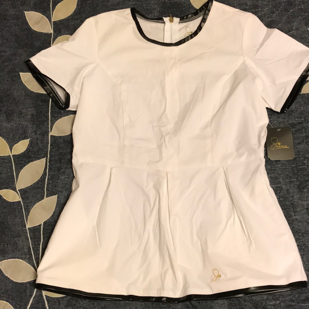 White Jaanuu Scrub Top with Pleather Trim